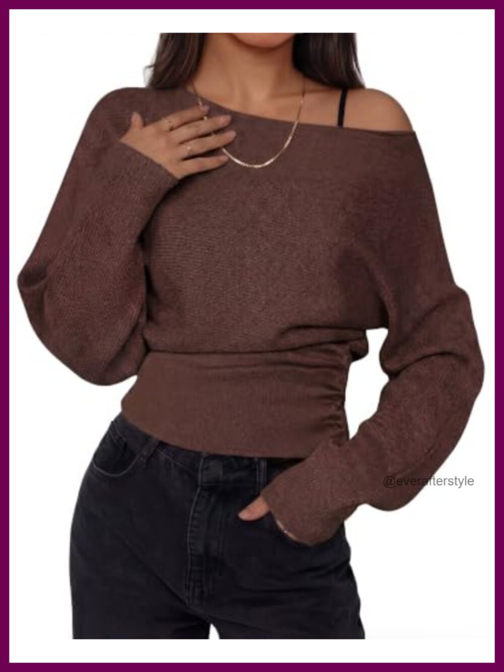 Women Off Shoulder Ribbed Knit Sweater Batwing Sleeve Cinched Waist Pullover